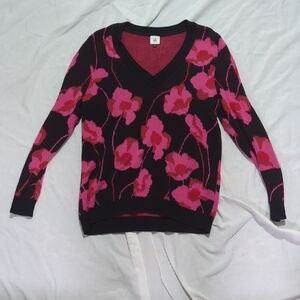 CAbi Pink and Black Floral V-Neck Sweater